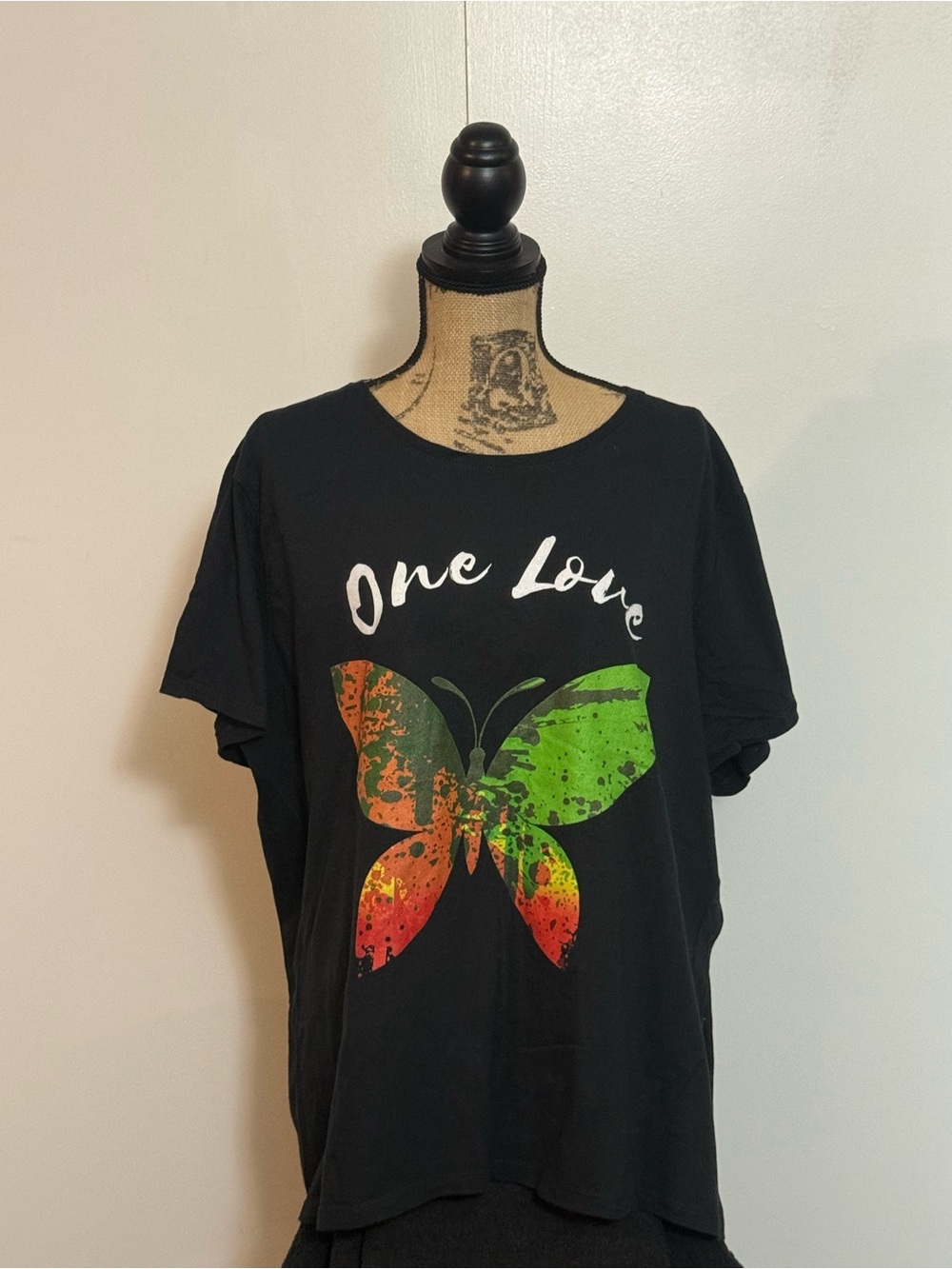Gildan Black Tee with Green & Orange Butterfly 'One Love'